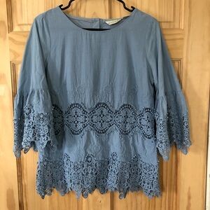 Anthropologie Floral Crochet Lace Button Back Top - Women's Sz S - Dusty Blue